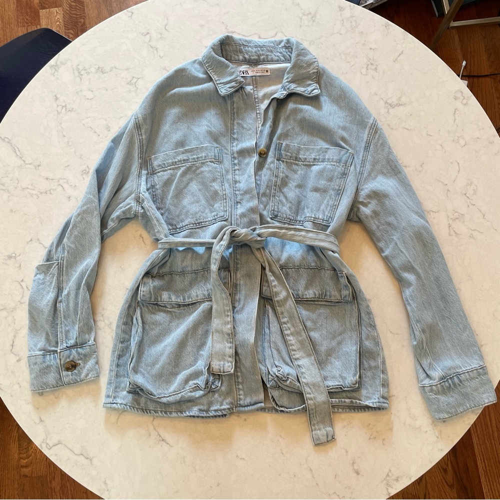 Zara ๐ Denim Oversized Cargo Shirt Jacket with Belt Size M - Picture 4 of 12